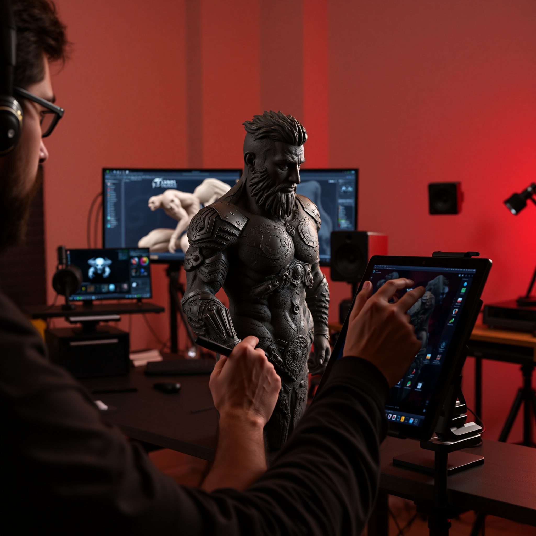 Artista trabajando en texturizado de modelo 3D con software de pintura digital y tablets gráficas