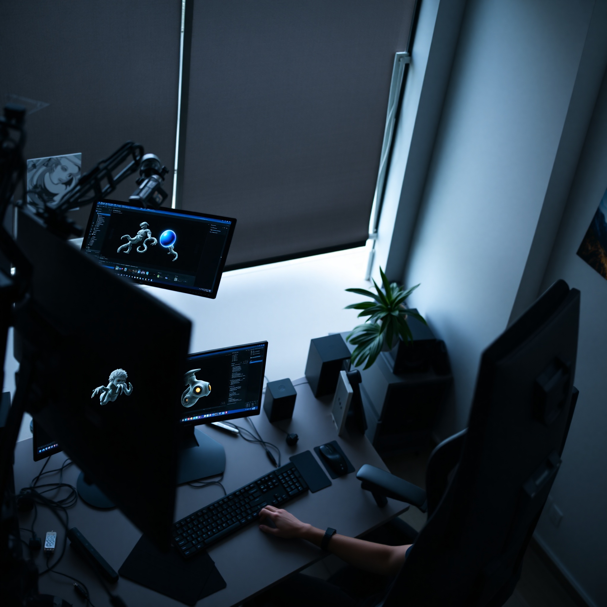 Profesional demostrando técnicas de modelado 3D en estación de trabajo con pantalla de software de animación