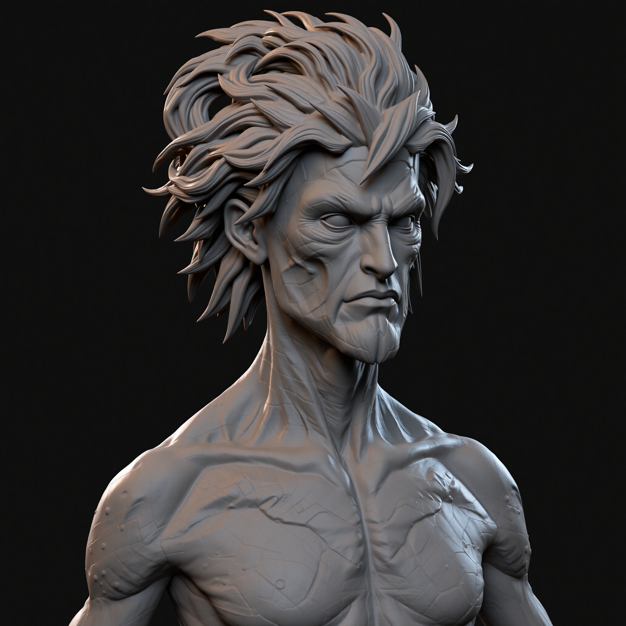 Captura de pantalla de software de modelado 3D mostrando un personaje de videojuego con topología visible, iluminación profesional