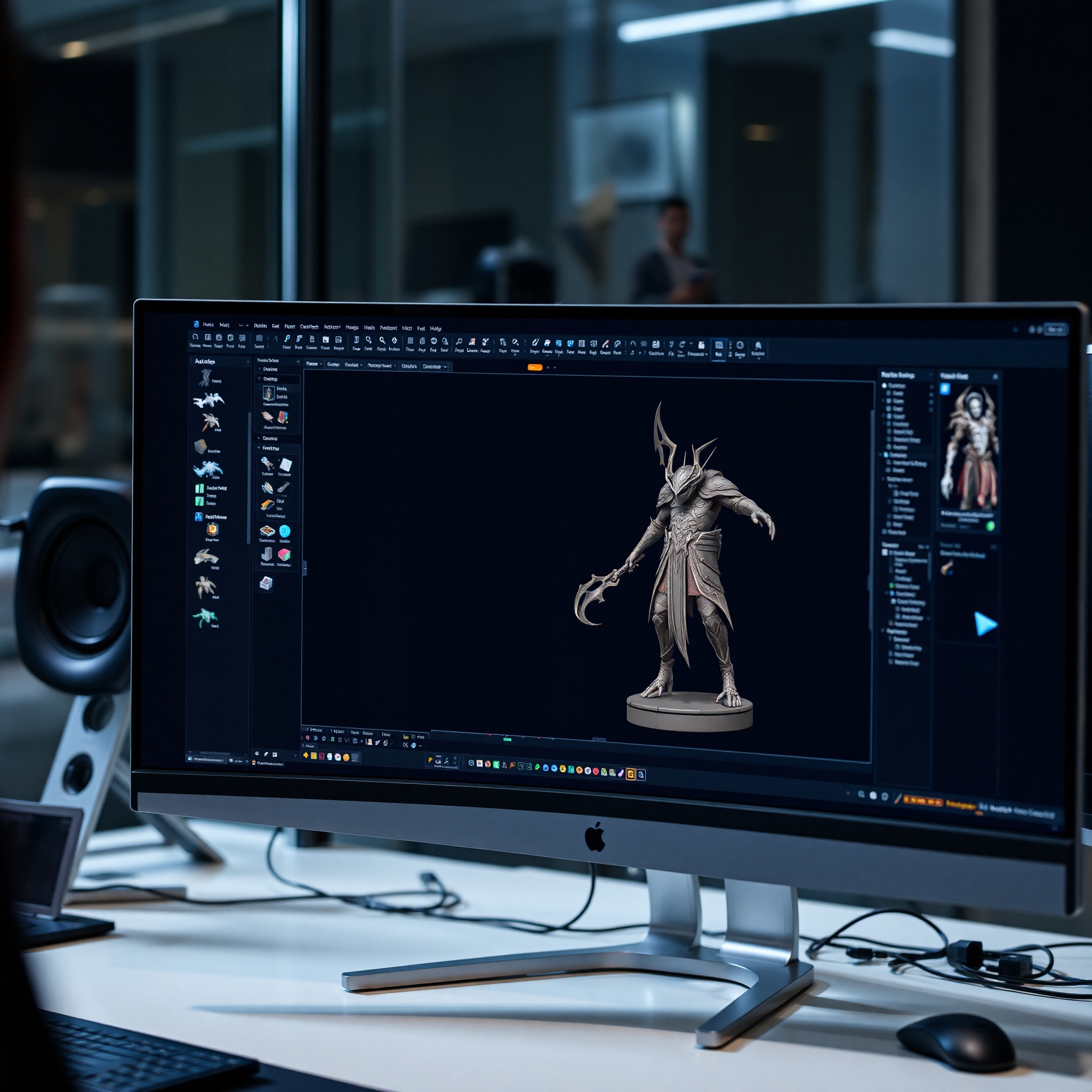 Pantalla de software de modelado 3D mostrando creación de personaje de videojuego con herramientas profesionales