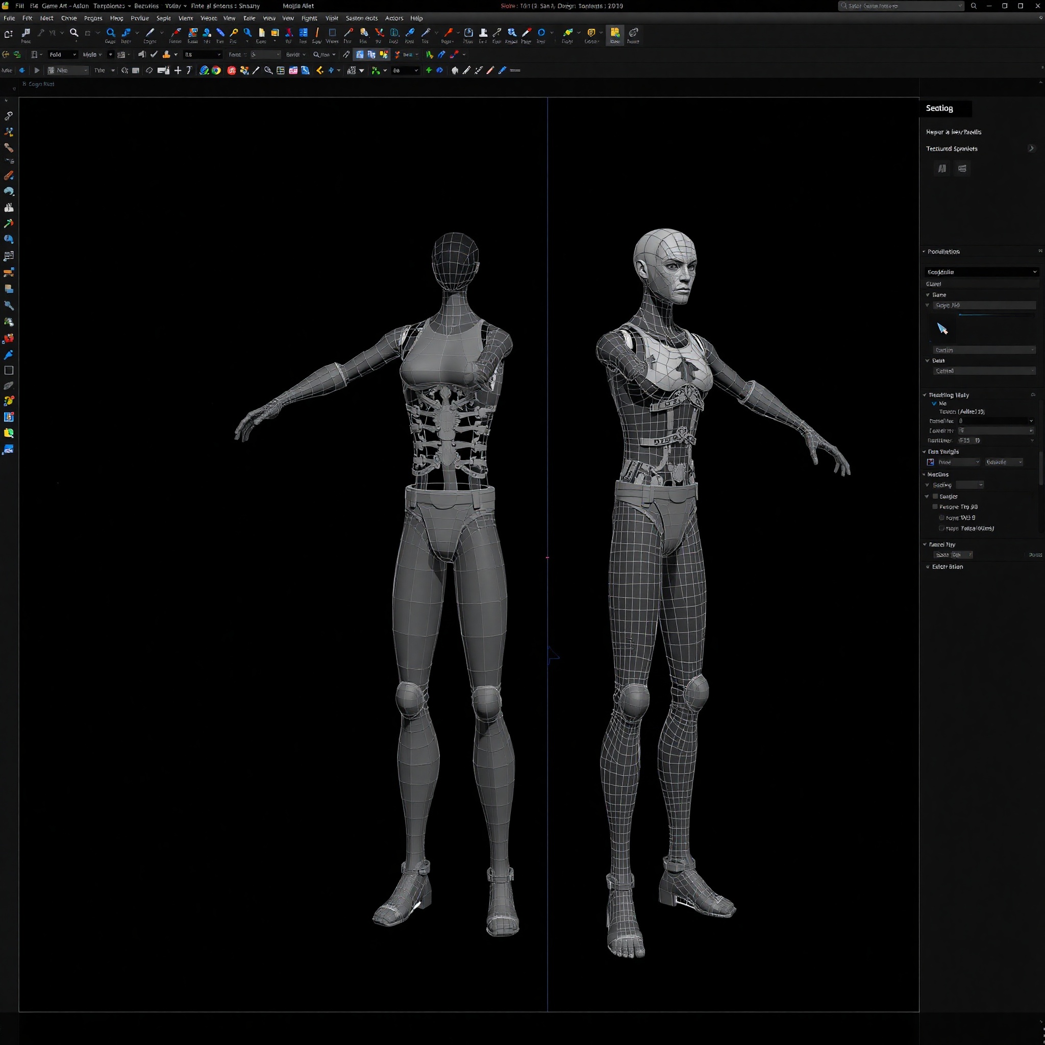 Pantalla de software de modelado 3D mostrando creación de personaje de videojuego