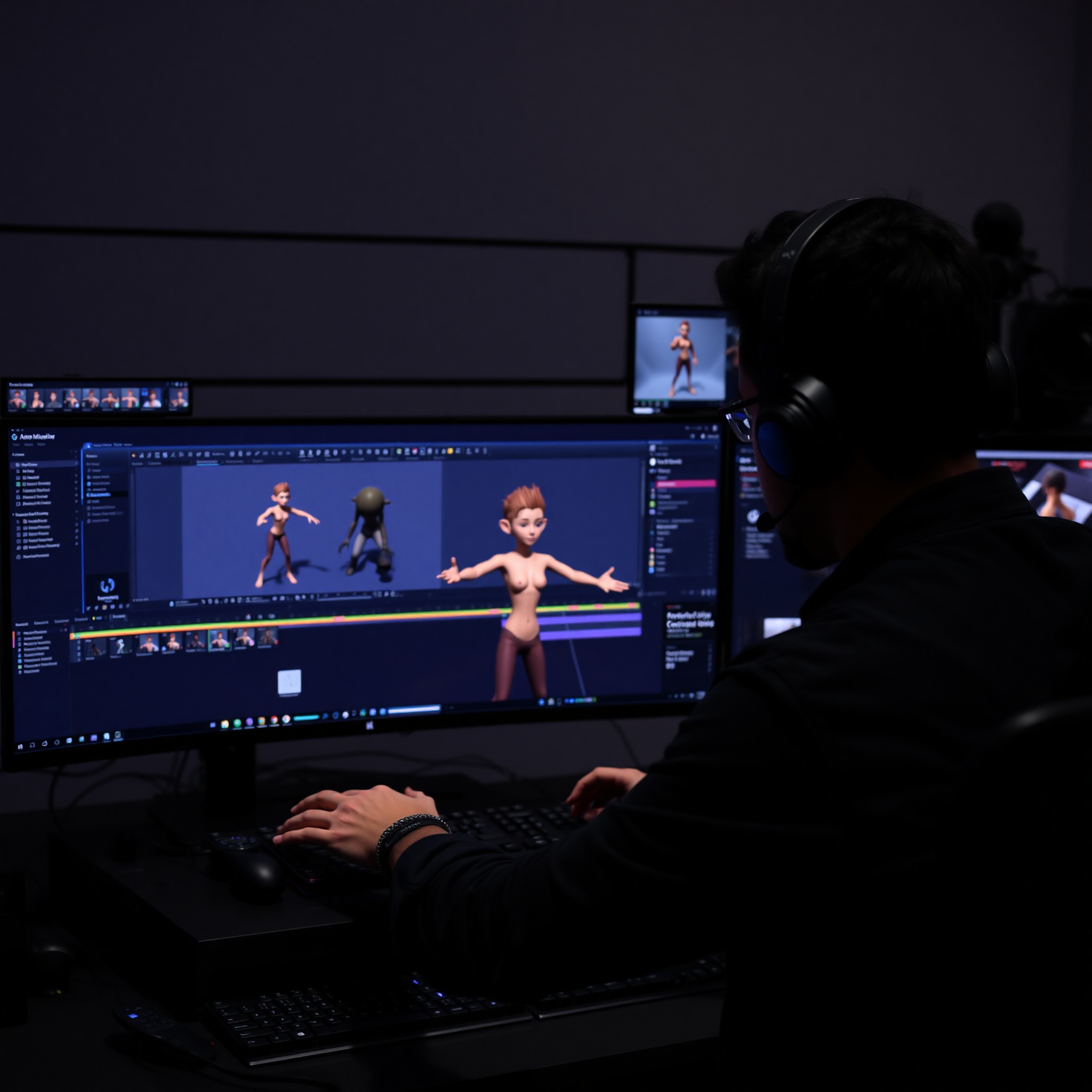 Animador trabajando en software de animación 3D creando movimientos de personaje de videojuego
