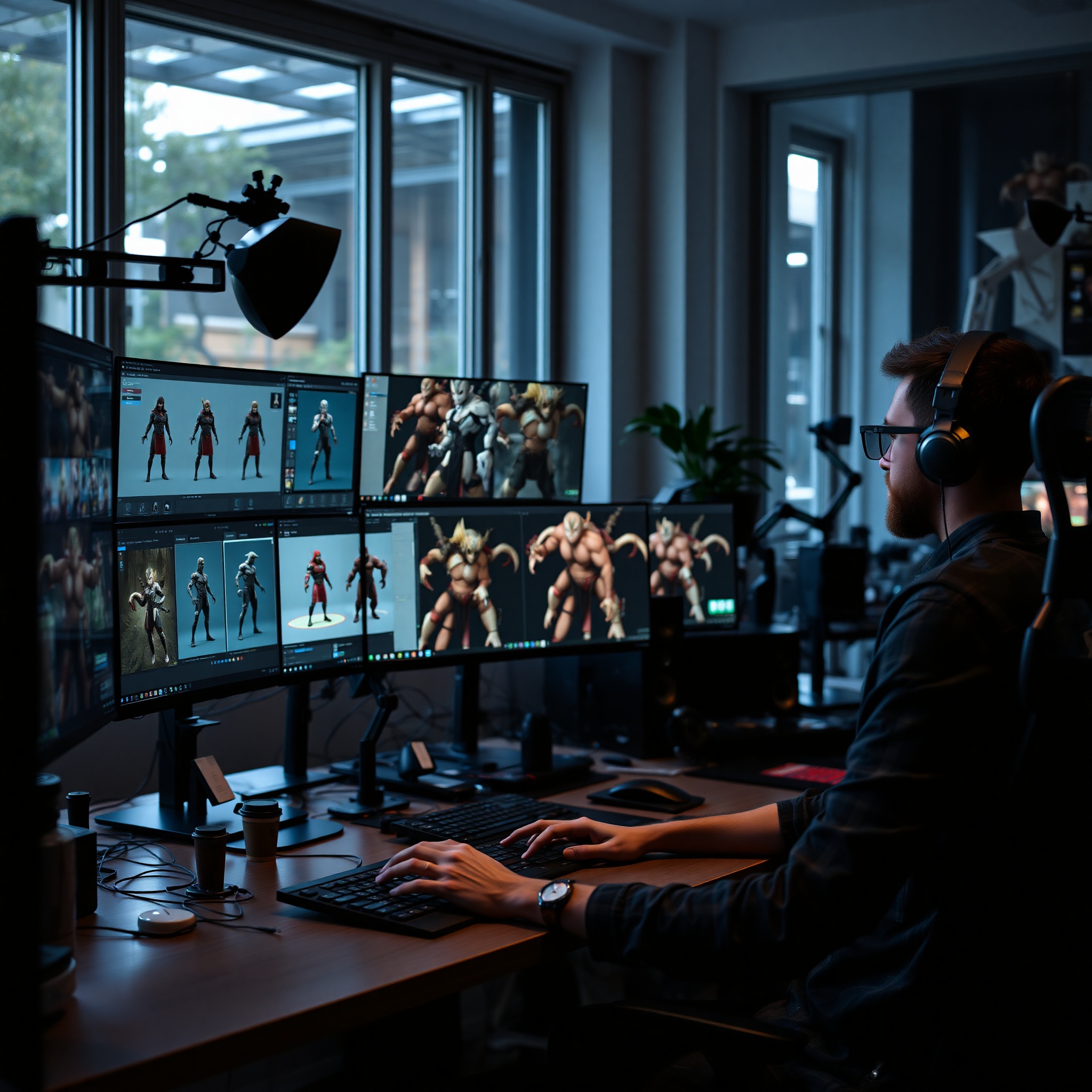 Profesional trabajando en software de diseño gráfico 3D con modelos de personajes de videojuegos