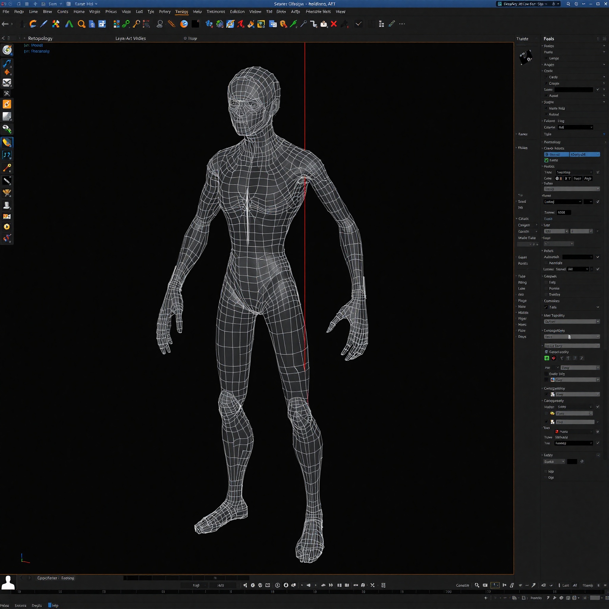 Captura de pantalla de Blender mostrando técnicas de retopología en un modelo de personaje