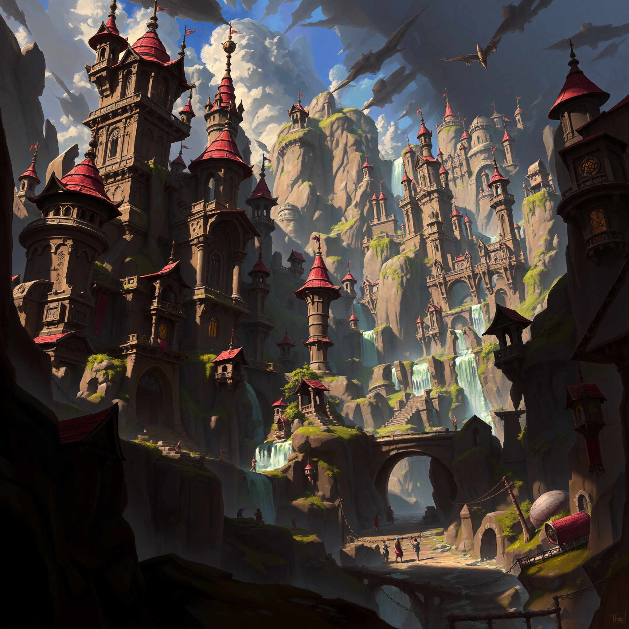 Arte conceptual de entornos de videojuegos con arquitectura y paisajes detallados