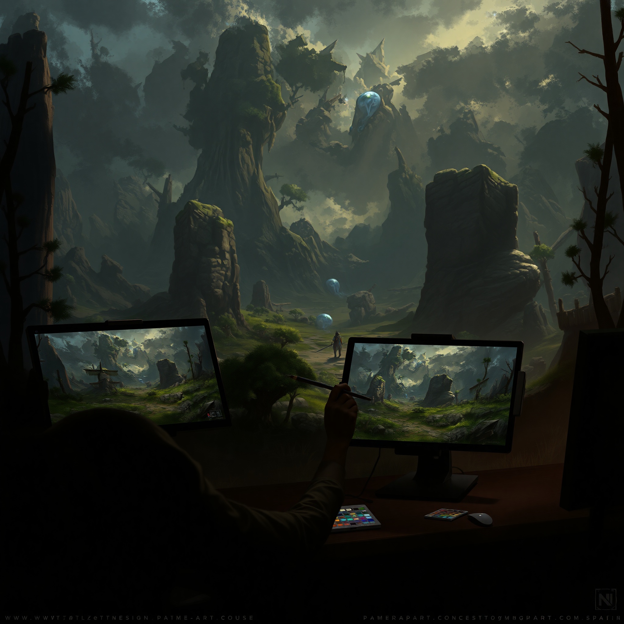 Ilustrador digital pintando concepto de escenario de videojuego con técnica de pintura digital