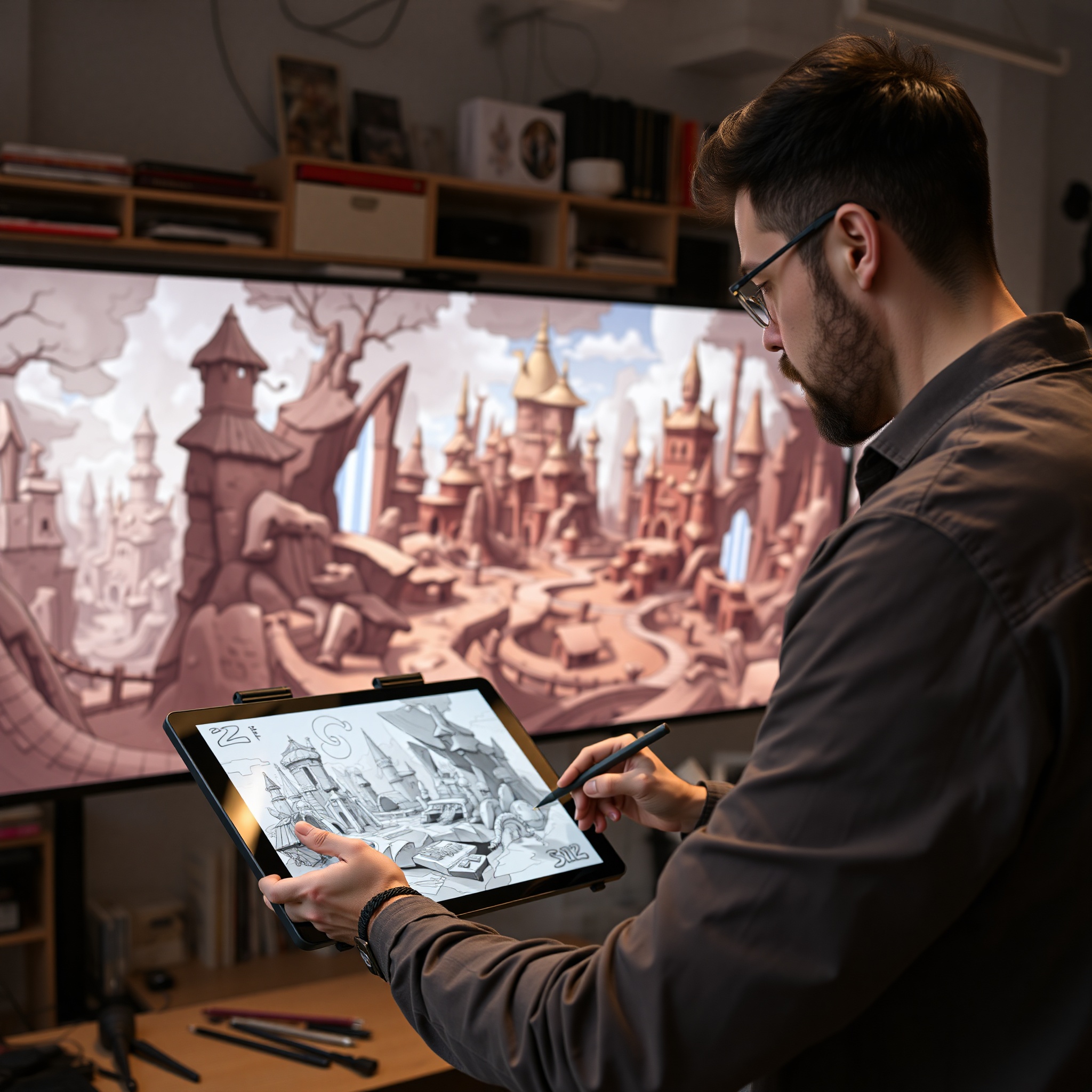 Concept artist creando arte conceptual de entorno fantástico con técnicas digitales avanzadas