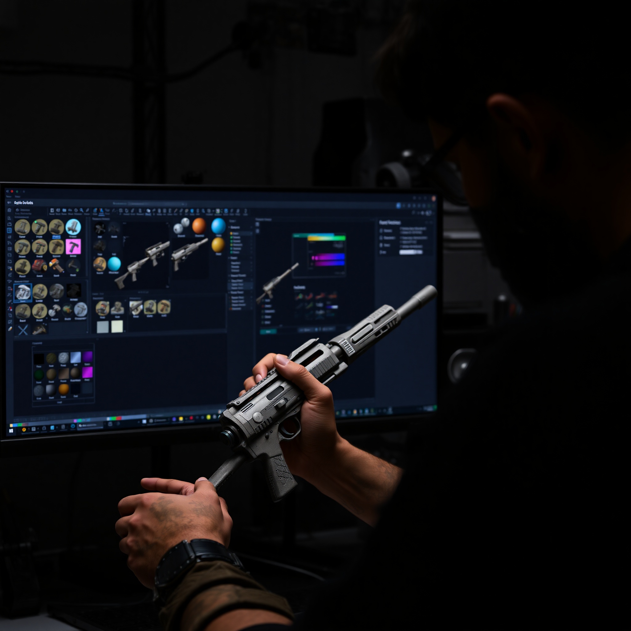 Artista digital aplicando texturas y materiales a modelo 3D de arma de videojuego