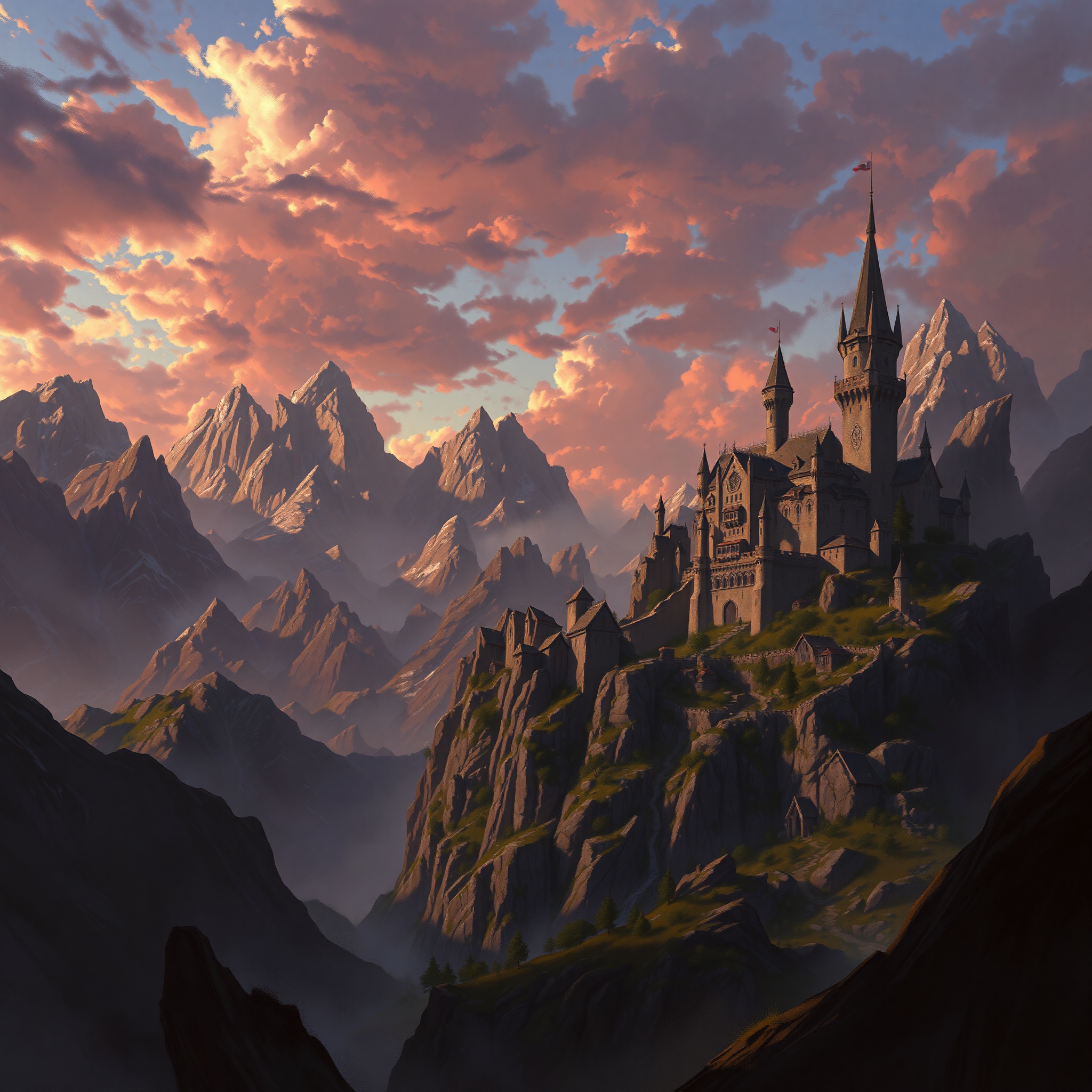 Estudio conceptual digital mostrando un ambiente de fantasía medieval con montañas, castillo y cielo dramático, técnica de pintura digital profesional