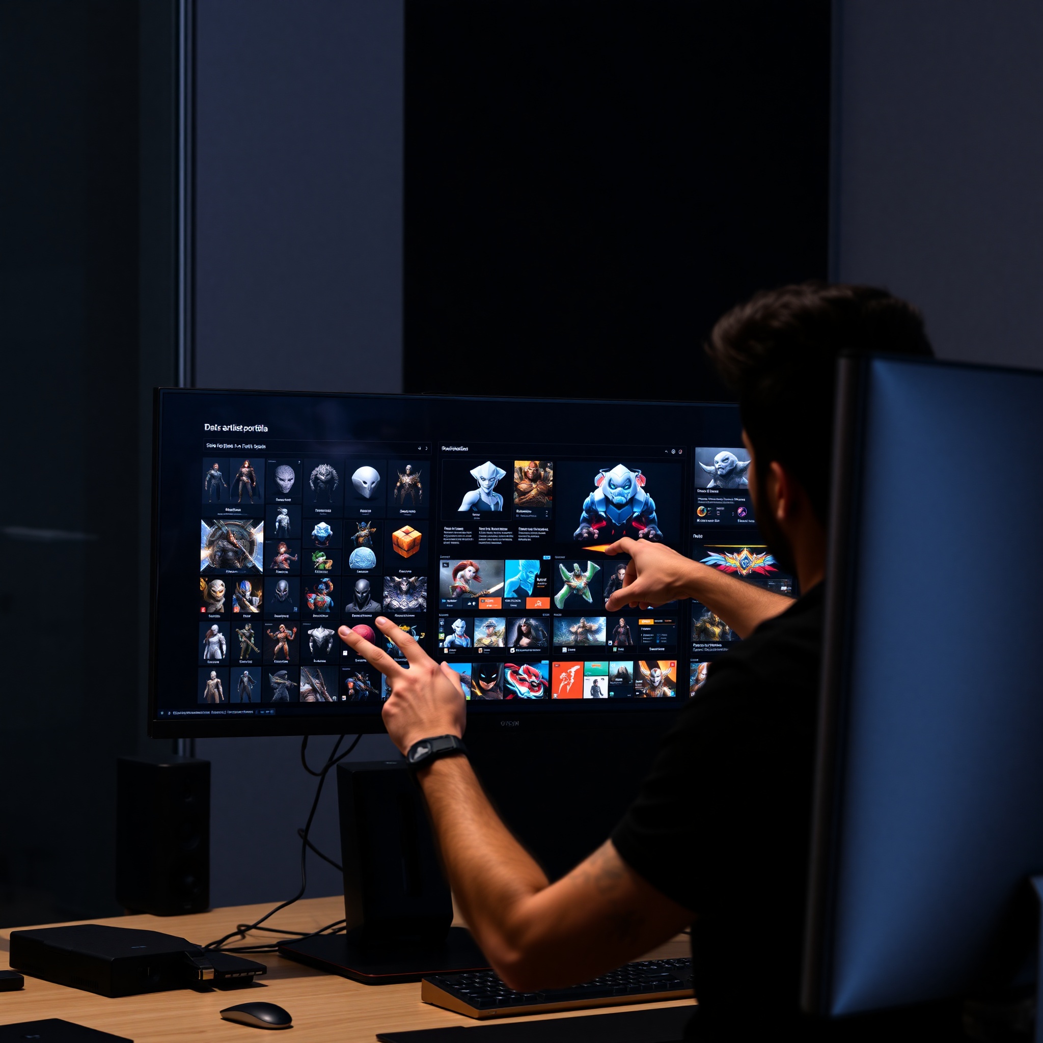 Profesional mostrando portafolio de proyectos de arte de videojuegos en pantalla con múltiples modelos 3D y texturas