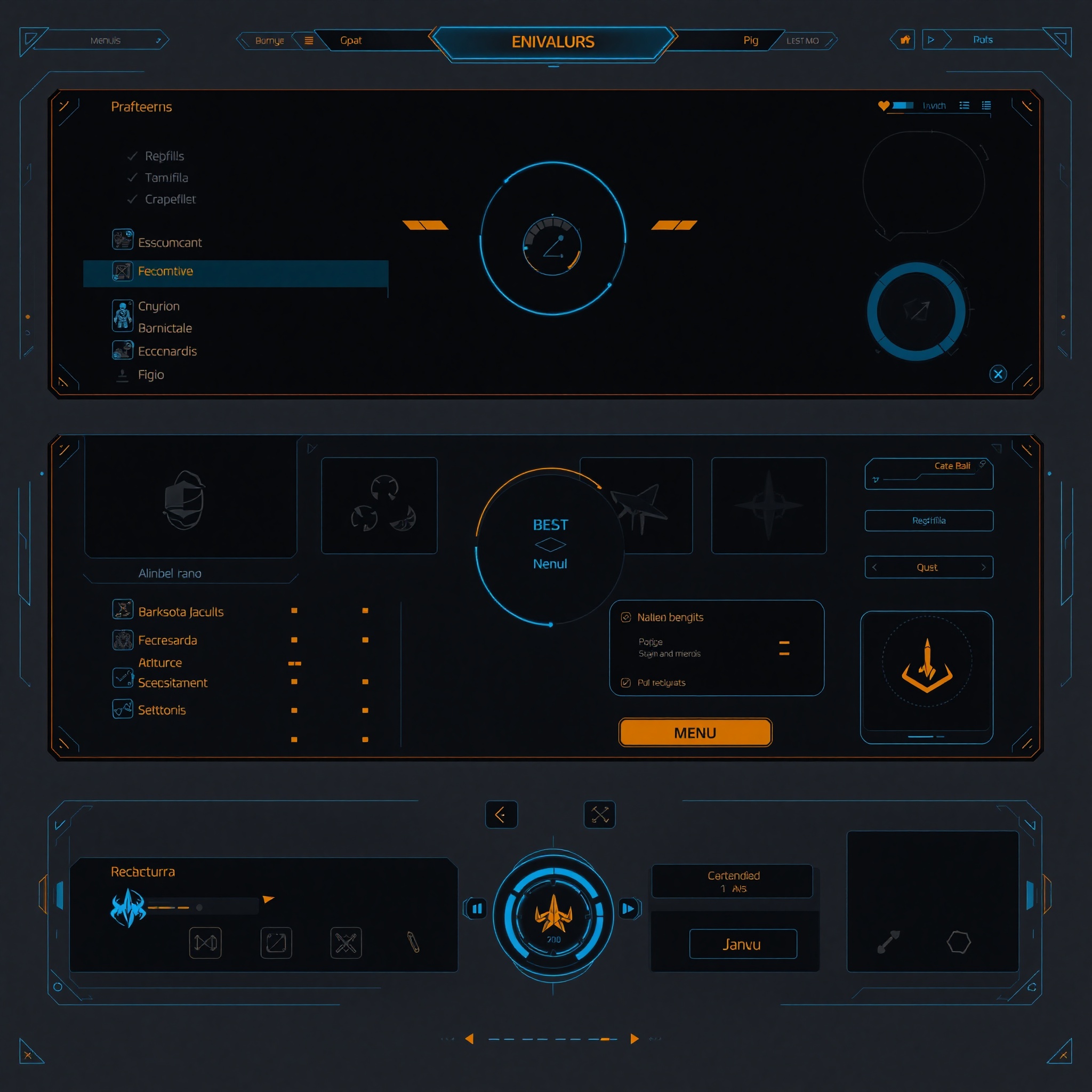 Prototipo de interfaz de usuario para videojuego mostrando menús, HUD y elementos interactivos con diseño moderno