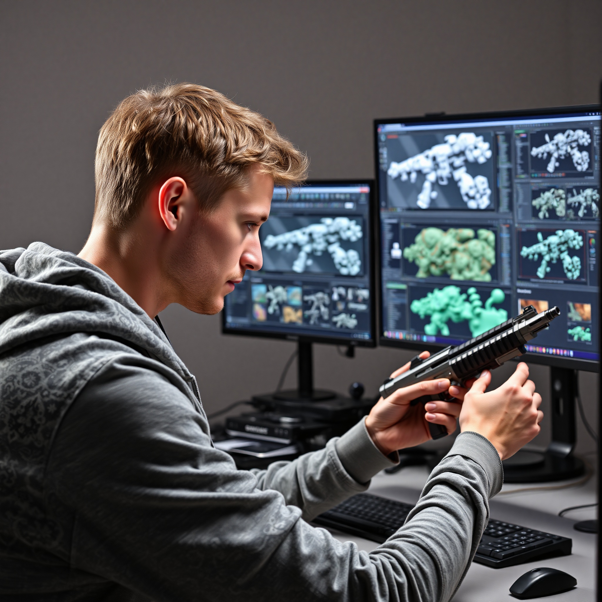 Artista digital aplicando texturas y materiales a modelo 3D de arma de videojuego en software profesional