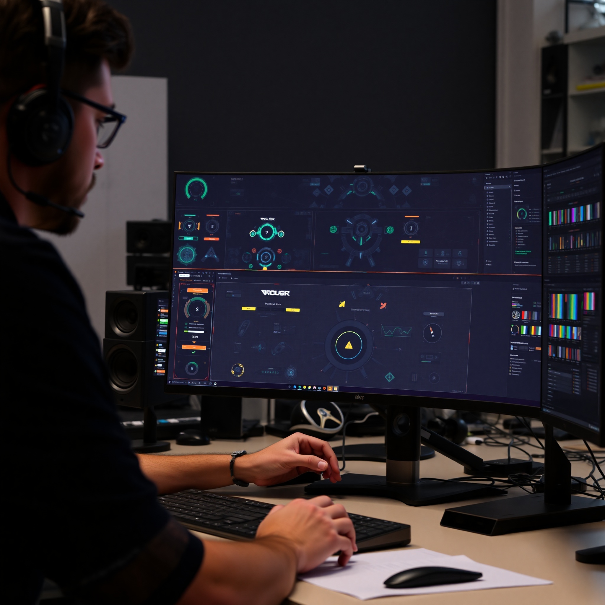 Diseñador gráfico creando interfaz de usuario para videojuego en software de edición