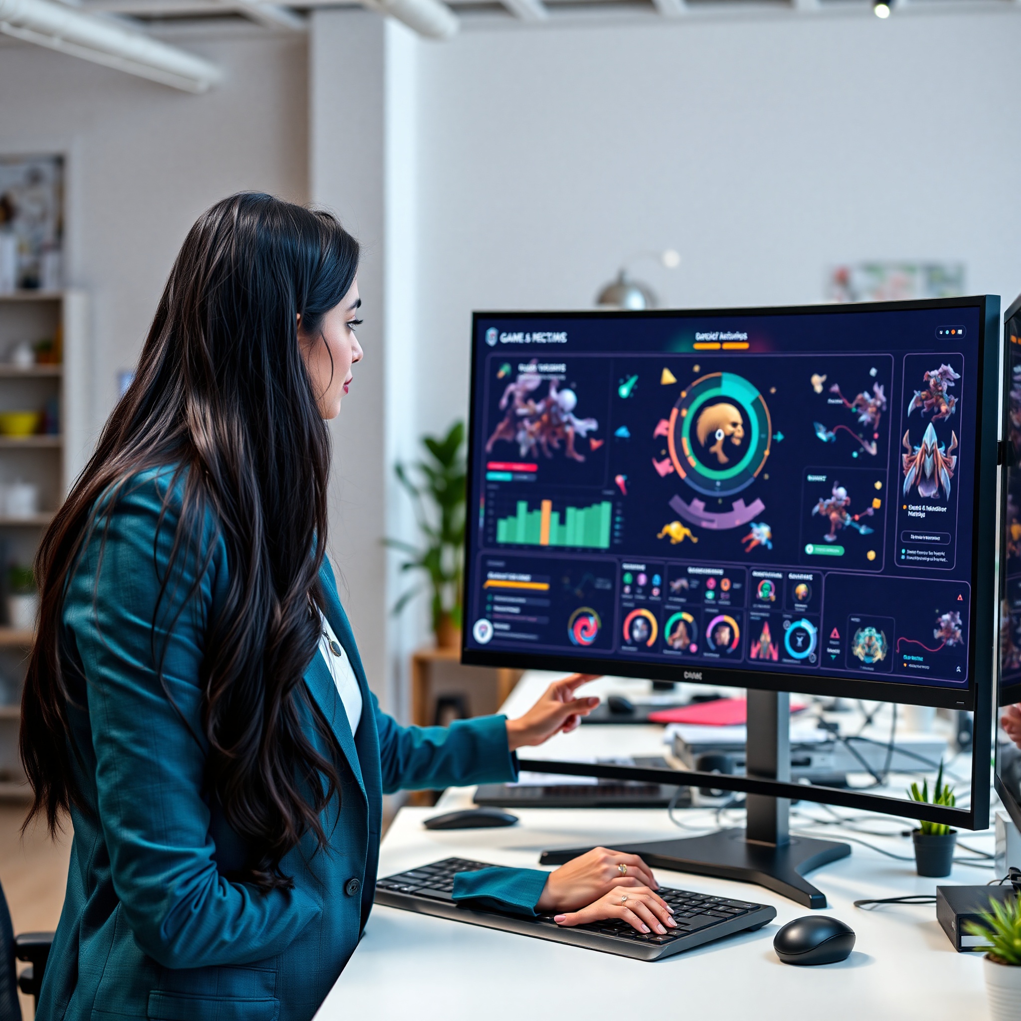 Diseñador gráfico creando interfaz de usuario para videojuego en software de edición digital profesional