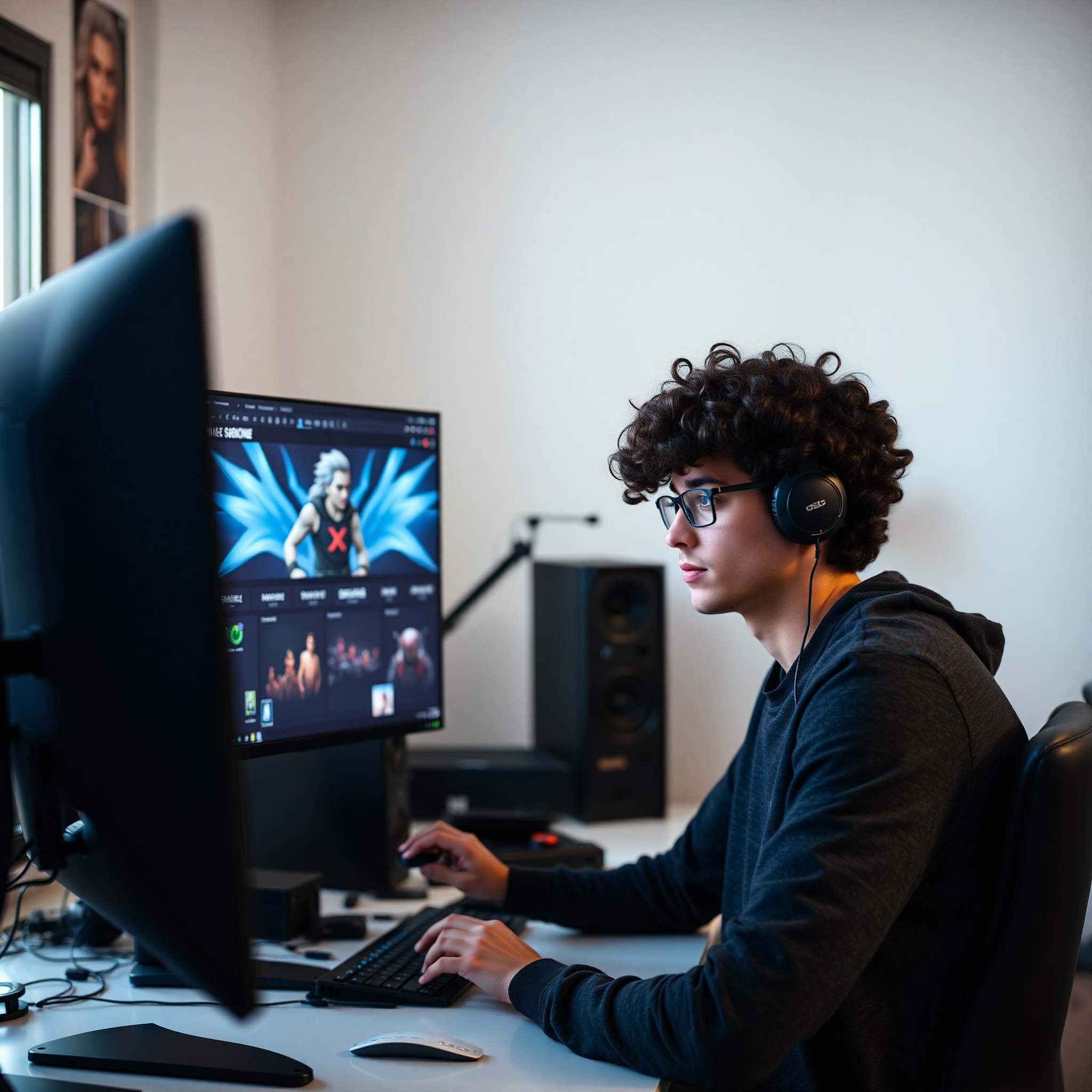 Artista de videojuegos profesional trabajando en modelado 3D con software gratuito en estudio de diseño moderno